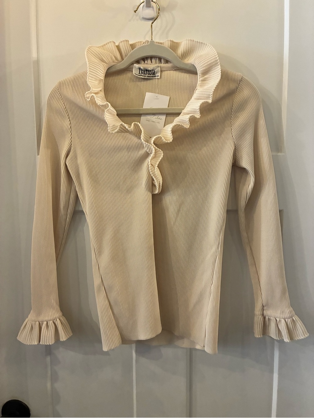 Cream Ruffle-Trim Ribbed Long Sleeve Top